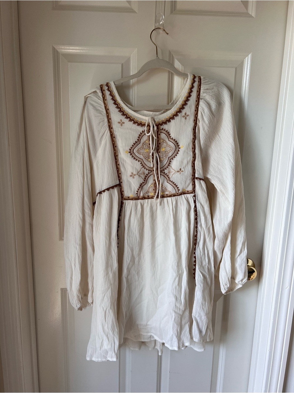 Lulu's Cream Embroidered Mini Dress with Brown & Gold Detailing